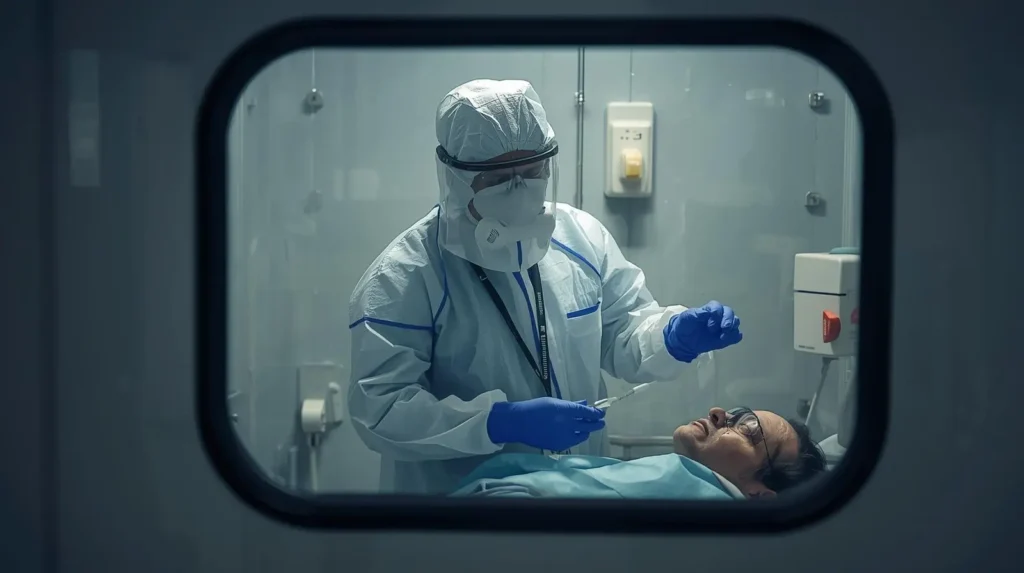 নিপা ভাইরাস: কারণ, লক্ষণ, চিকিৎসা ও প্রতিরোধের সম্পূর্ণ গাইড 4 ছবির জন্য ইমেজ প্রম্পট একজন চিকিৎসক একজন নিপা আক